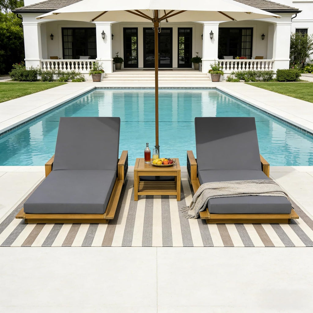 Acacia Wood Chaise Lounge with Dark Gray Cushion, 4" Thick Cushion, 300 lbs, Patio, Poolside, Garden, Indoor Use