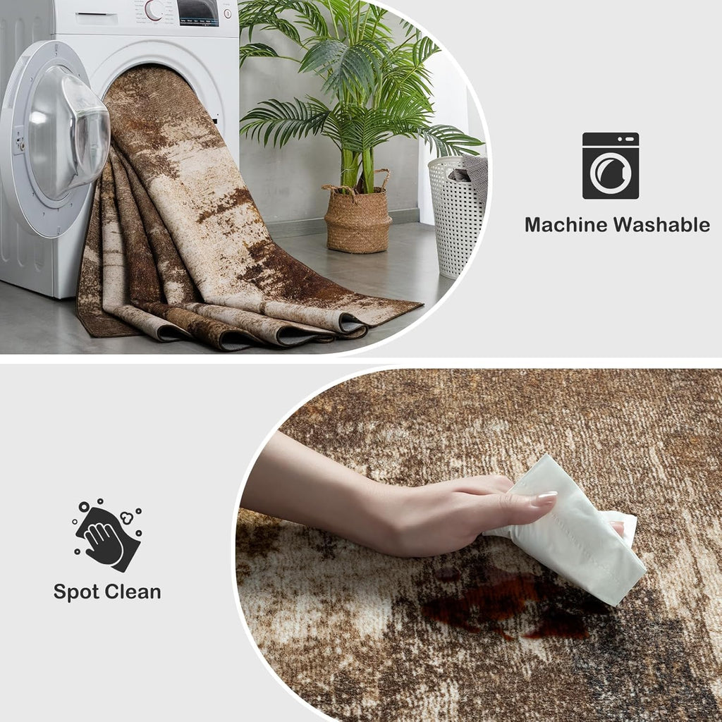 Washable Area Rug 9x12, Non-Slip Low Pile Abstract Brown