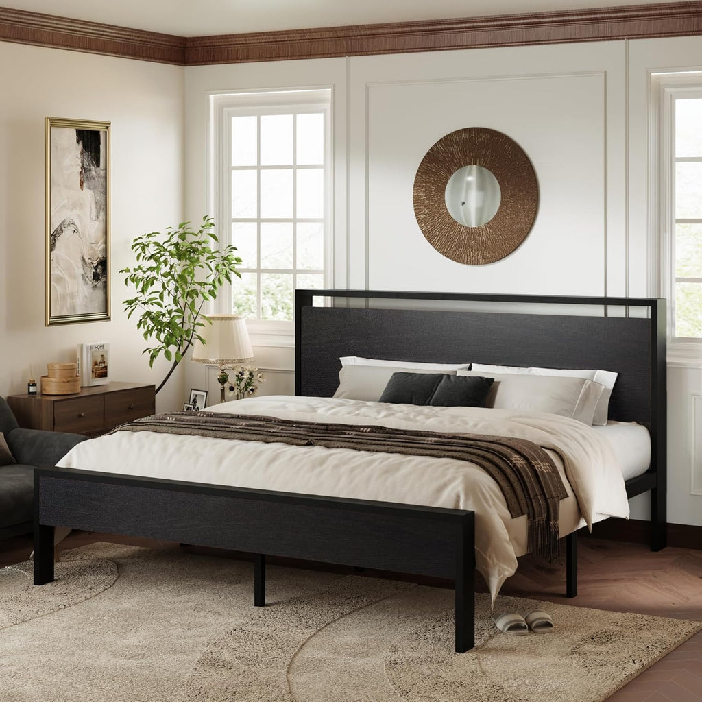 King Platform Bed Frame with Wooden Headboard and Footboard, Heavy Duty 12 Metal Slats Support, No Box Spring Needed