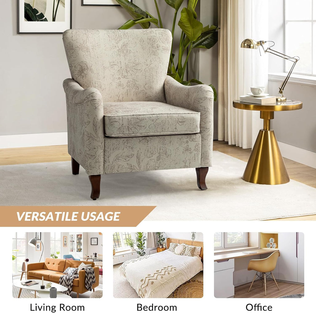 Floral Accent Chair, Modern High Back Armchair with Wooden Legs, Comfy Wingback Chair Upholstered Accent Single Sofa