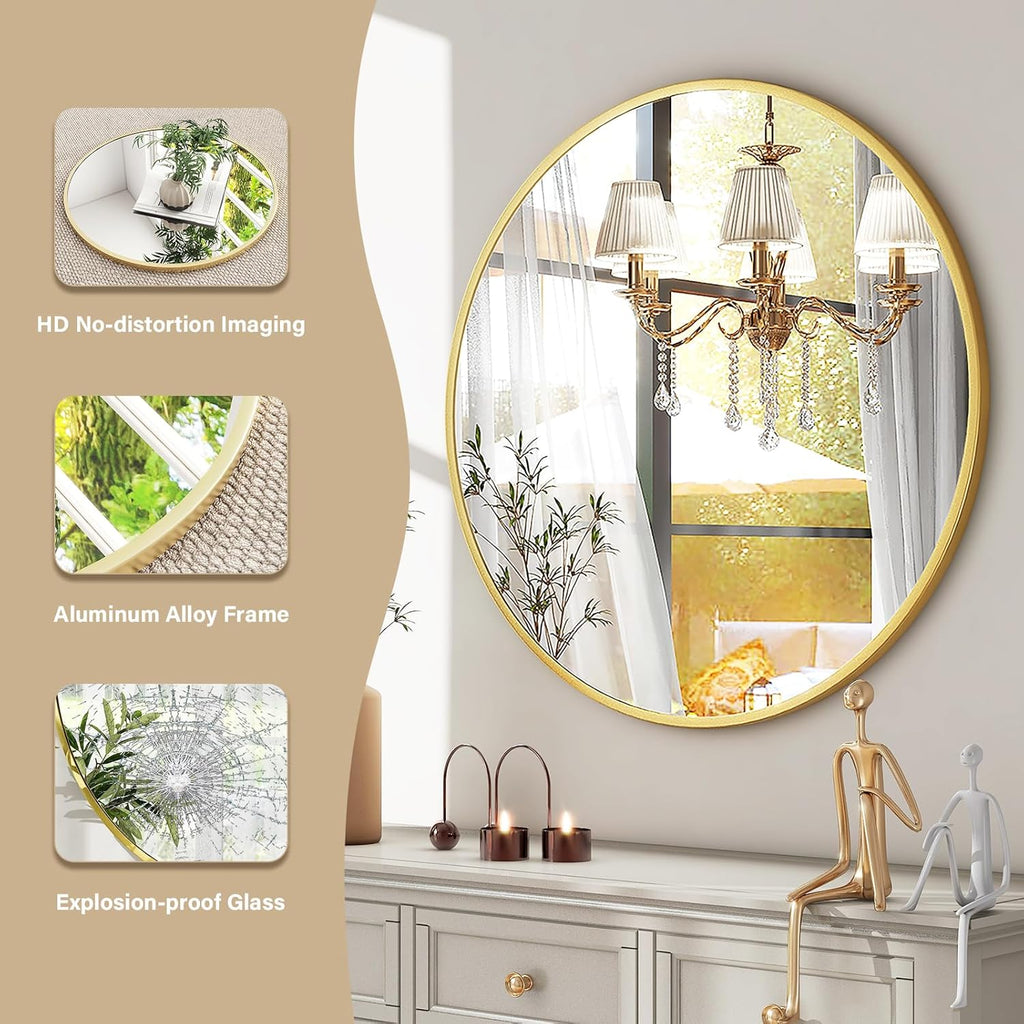 Round Mirror 30 Gold Wall Mounted Circle Mirrors Vanity Mirror with Brushed Aluminum Alloy Frame Modern Decoration