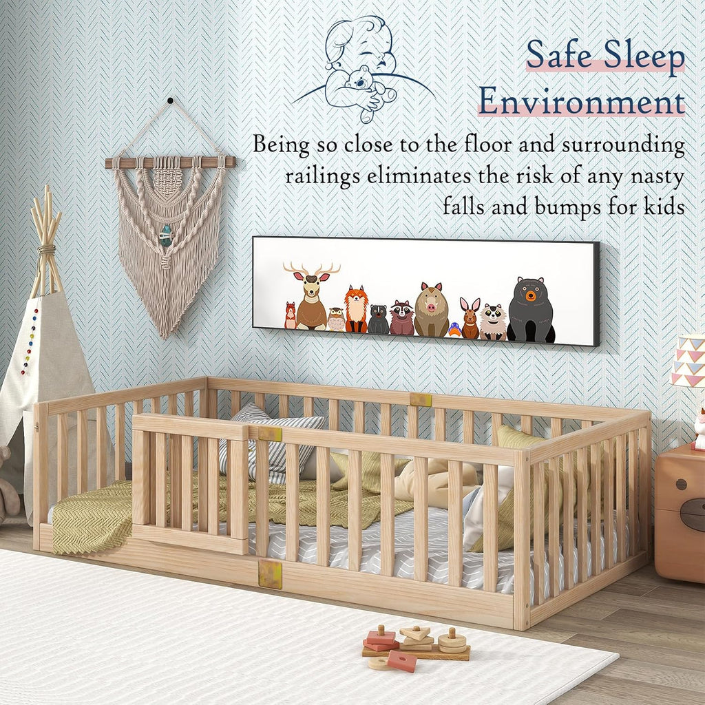 Twin Montessori Floor Bed with High Rails, Solid Wood Montessori Bed Frame for Kids, Door Can Install Left and Right