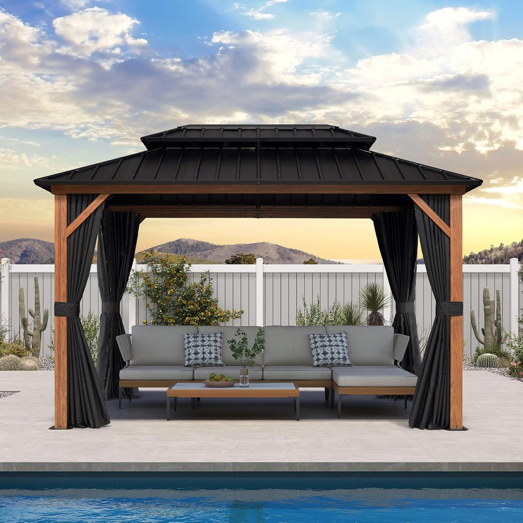 8' X 12' Hardtop Gazebo Outdoor Wood Grain Aluminum Frame Galvanized Steel Double Roof Gazebos with Netting and Curtains for Patio Deck Backyard Garden