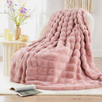 Faux Fur Throw Blanket Pink, Luxury Soft Decorative Cozy Plush Long Shaggy Fluffy Blanket, Reversible Puffy Thick