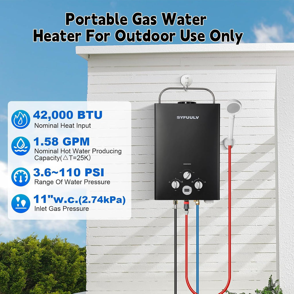 Propane Water Heater Tankless, 1.58GPM 6L Outdoor Portable Propane Gas Instant Hot water heater On Demand, 41