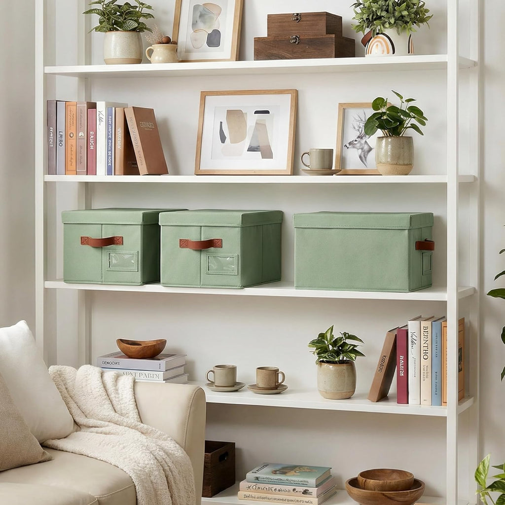 Storage Basket with Lid, Linen Fabric Storage Bins with Label, Decorative Storage Boxes, Clothes Storage and