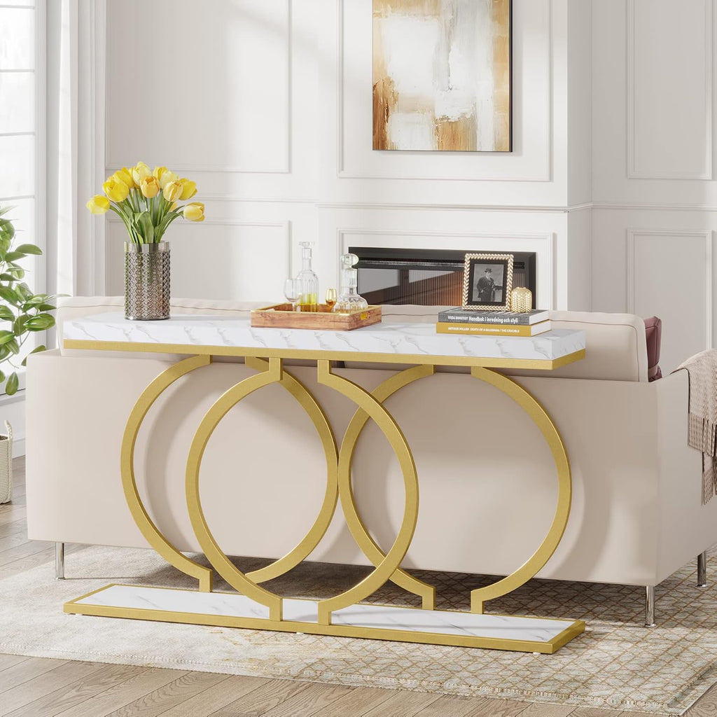 Gold Console Table, 55 inch Modern Entryway Table with Geometric Metal Frame, Faux Marble Narrow Long Sofa Table