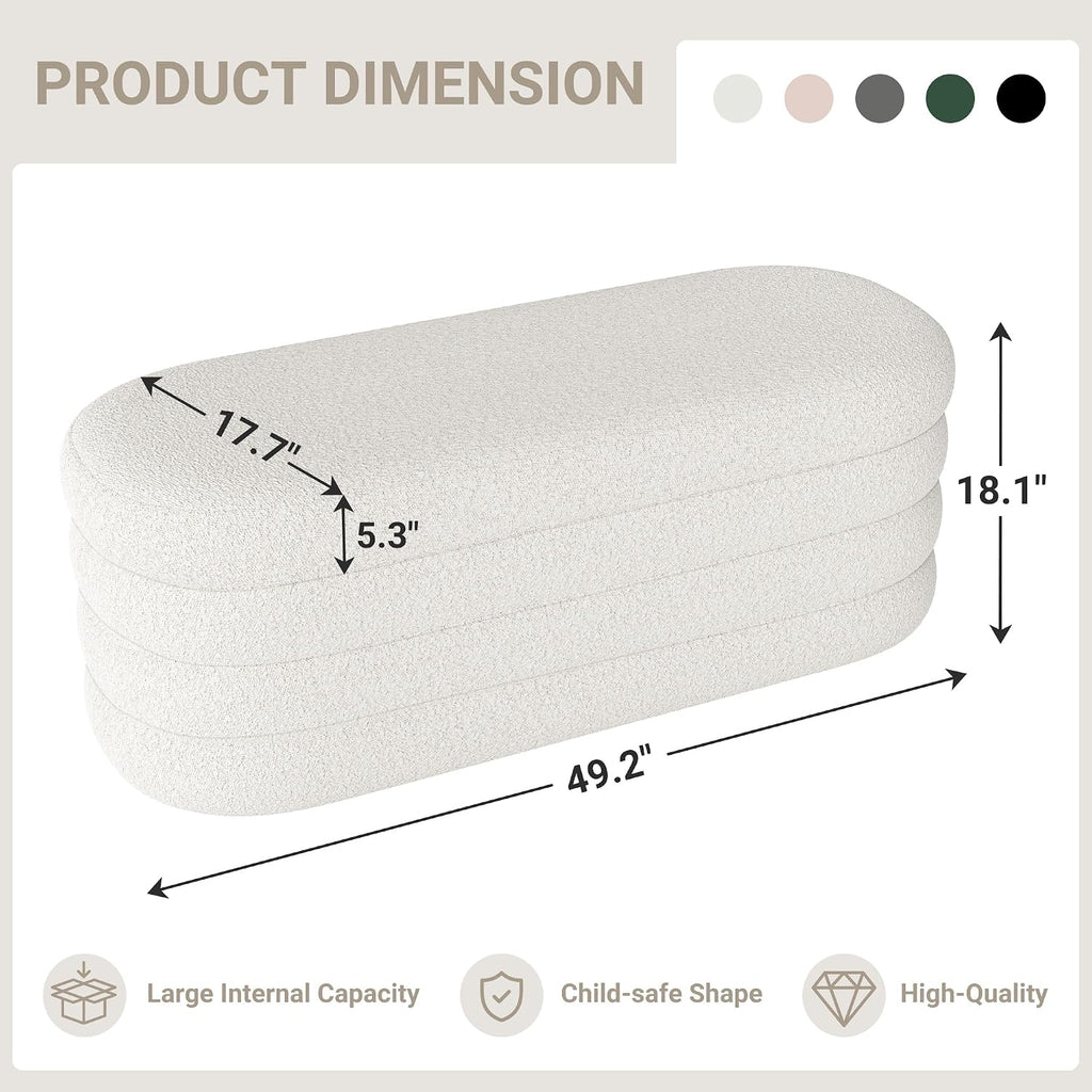 Storage Ottoman Bench 49.2 Inch Upholstered Fabric Storage Bench End of Bed Aesthetic Large Oval Ottoman Entryway