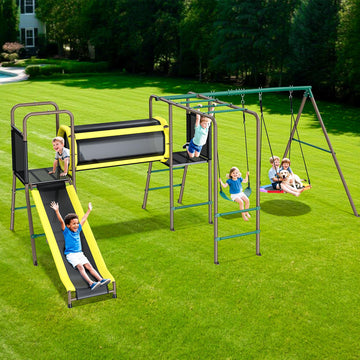 Swing Set with Slide, Crawl Tunnel and Monkey Bars for Backyard