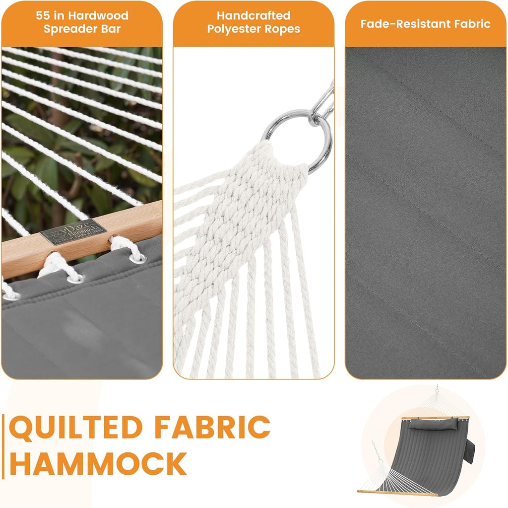 Daze Double Hammock with Pillow & Tree Straps for Outside, Grey | 2 Person Quilted Hammock with Hardwood Spreader