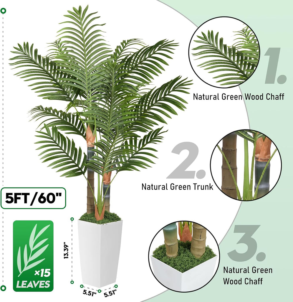 5ft Artificial Palm Tree Indoor Plant,Triple Faux Tropical Areca Floor Plant in Pot,Artificial Plants with Lifelike