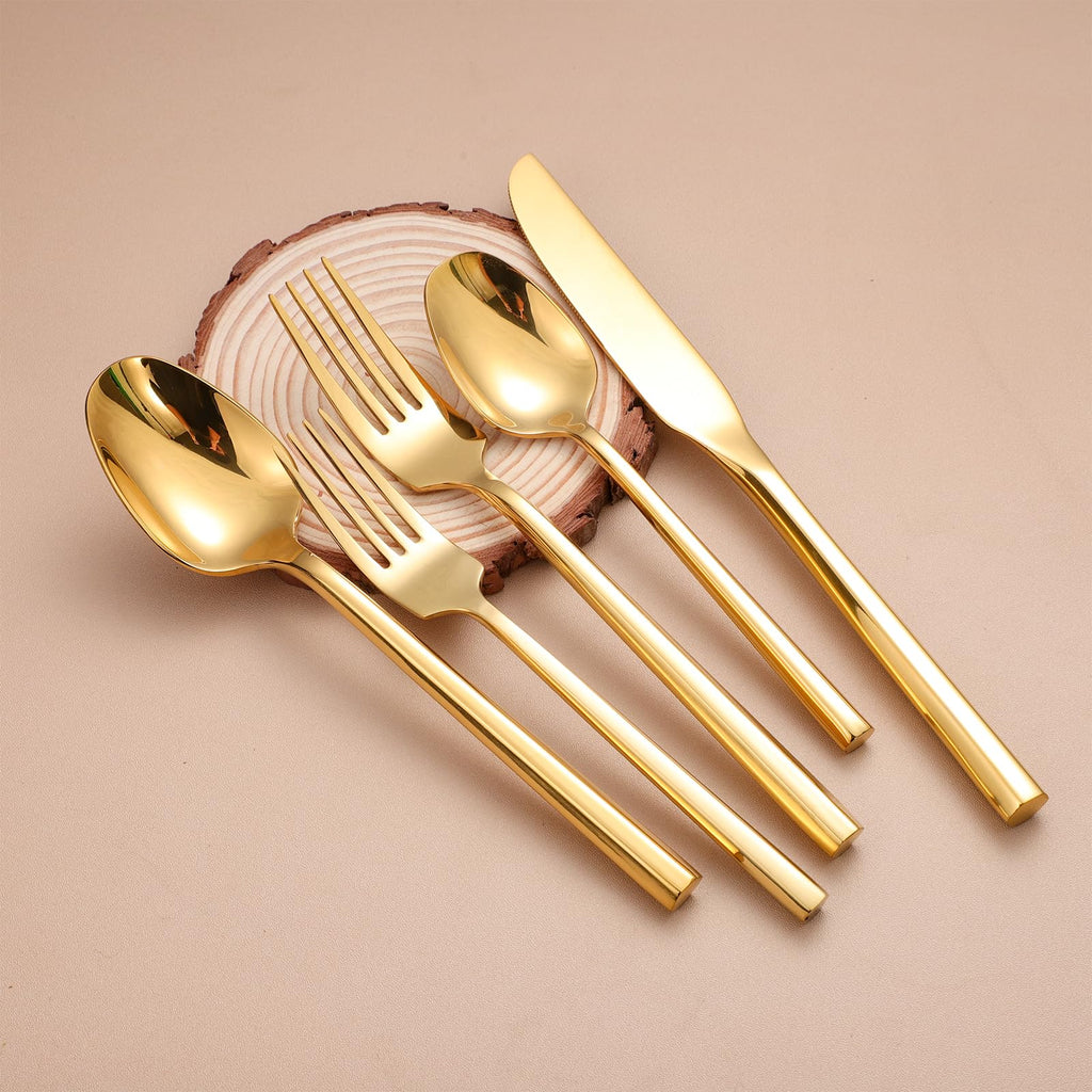 Mirror Silverware Set Gold Flatware Set with Hexagon Handle 20 Pieces 18/0 Stainless Steel Cutlery Set Wedding