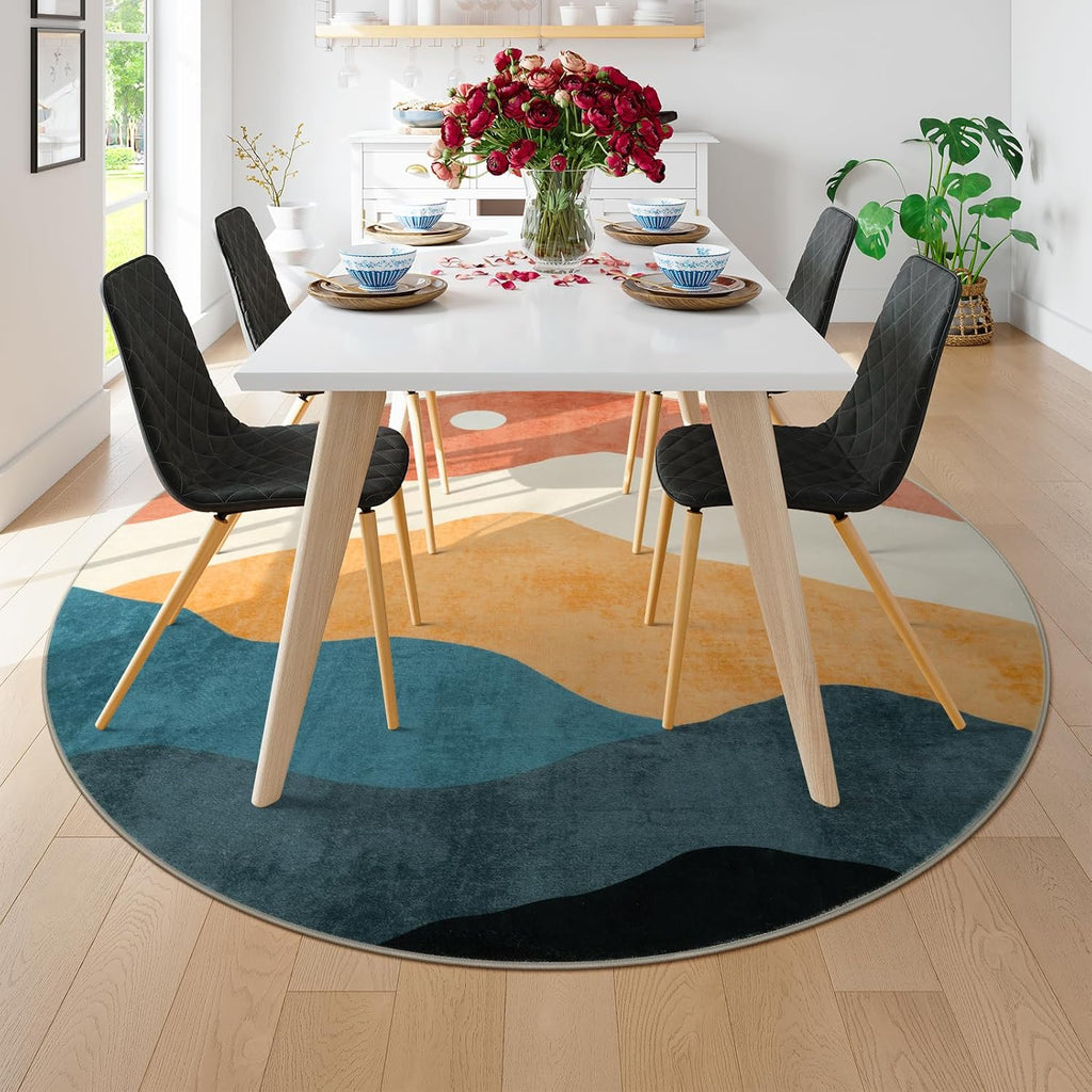 Mountain Round Rugs 8ft, Abstract Circle Rug for Living Room Non Slip Washable Bedroom Area Rug, Sof