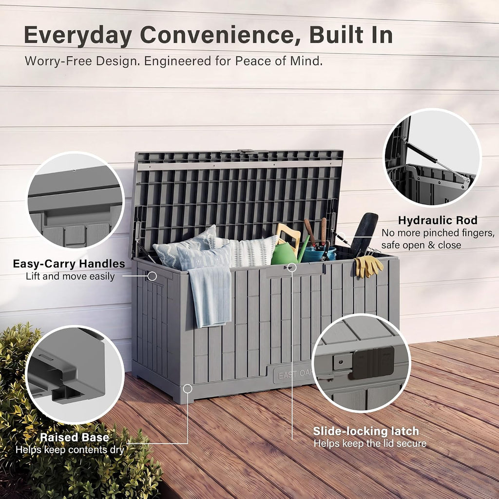Outdoor Storage Box, 100 Gallon Deck Box, Waterproof Resin Storage Bench Cushions, Gardening Tools, Pool Toys
