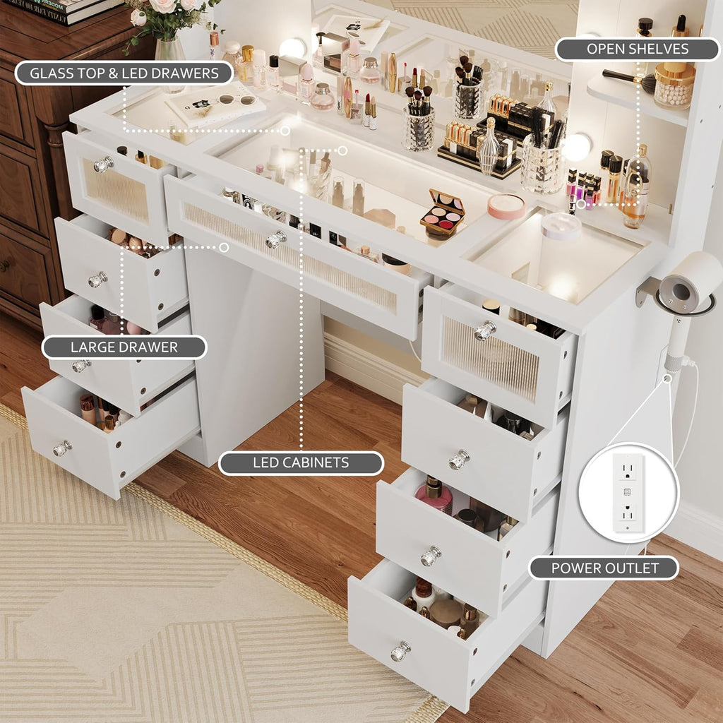 White Vanity with Lighted 23.5" Mirror, Glass Top Vanity 9 Drawers | Makeup Vanity Desk with 3 Color Hollywood Bulbs