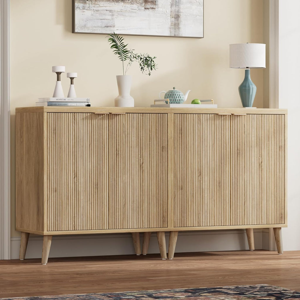 Buffet Cabinet with Storage, Modern Fluted Accent Sideboard with Doors & Adjustable Shelves