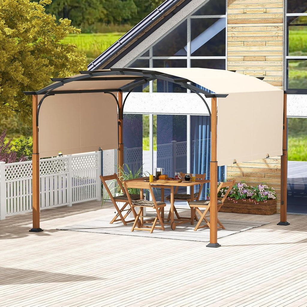 Arched Patio Shelter Pavilion with Retractable Sun Shade Canopy, Extra Large Outdoor Pergola for Deck, Porch, Garden