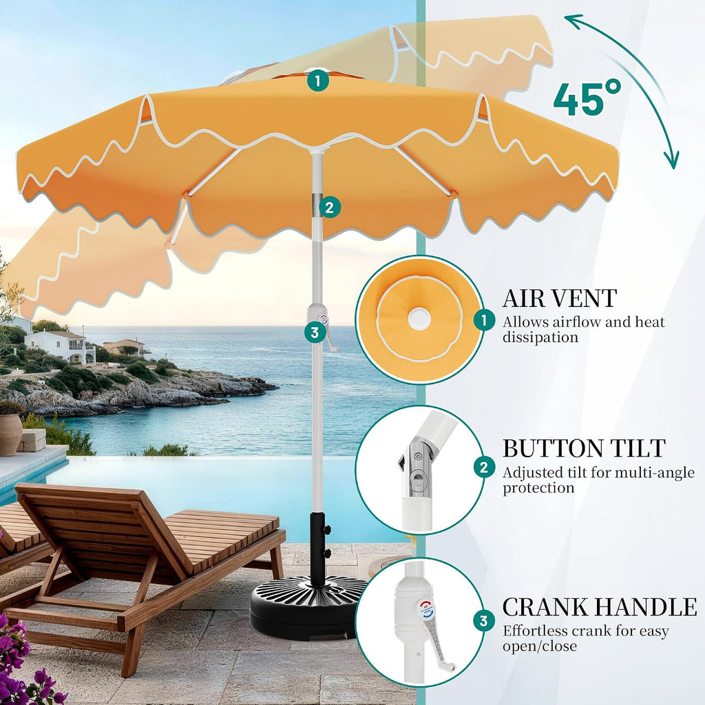 Patio Umbrella with Wavy Trim, UV-Fade-Resistant Canopy, Crank & Tilt - Mustard Yellow 9ft