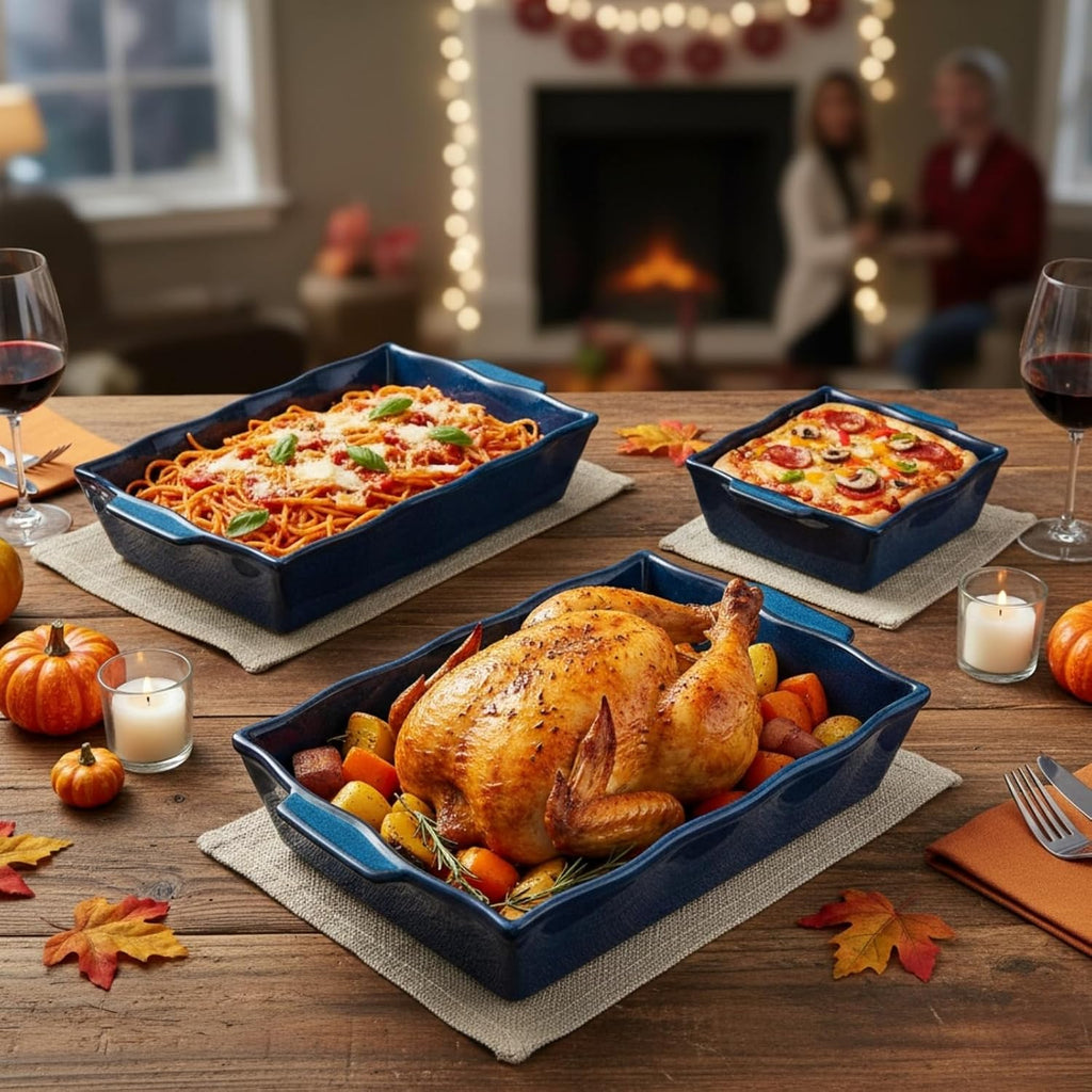 3 Pack Casserole Dishes for Oven, Ceramic Dishes with Handles, Heavy Duty Rectangular Lasagna Pan, Porcelain Bakeware