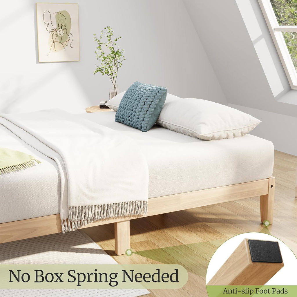 Queen Bed Frame, 12 Inch Solid Wood Platform Bed with Wooden Slats, Natural Finish Wood Bed Frame No Box Spring