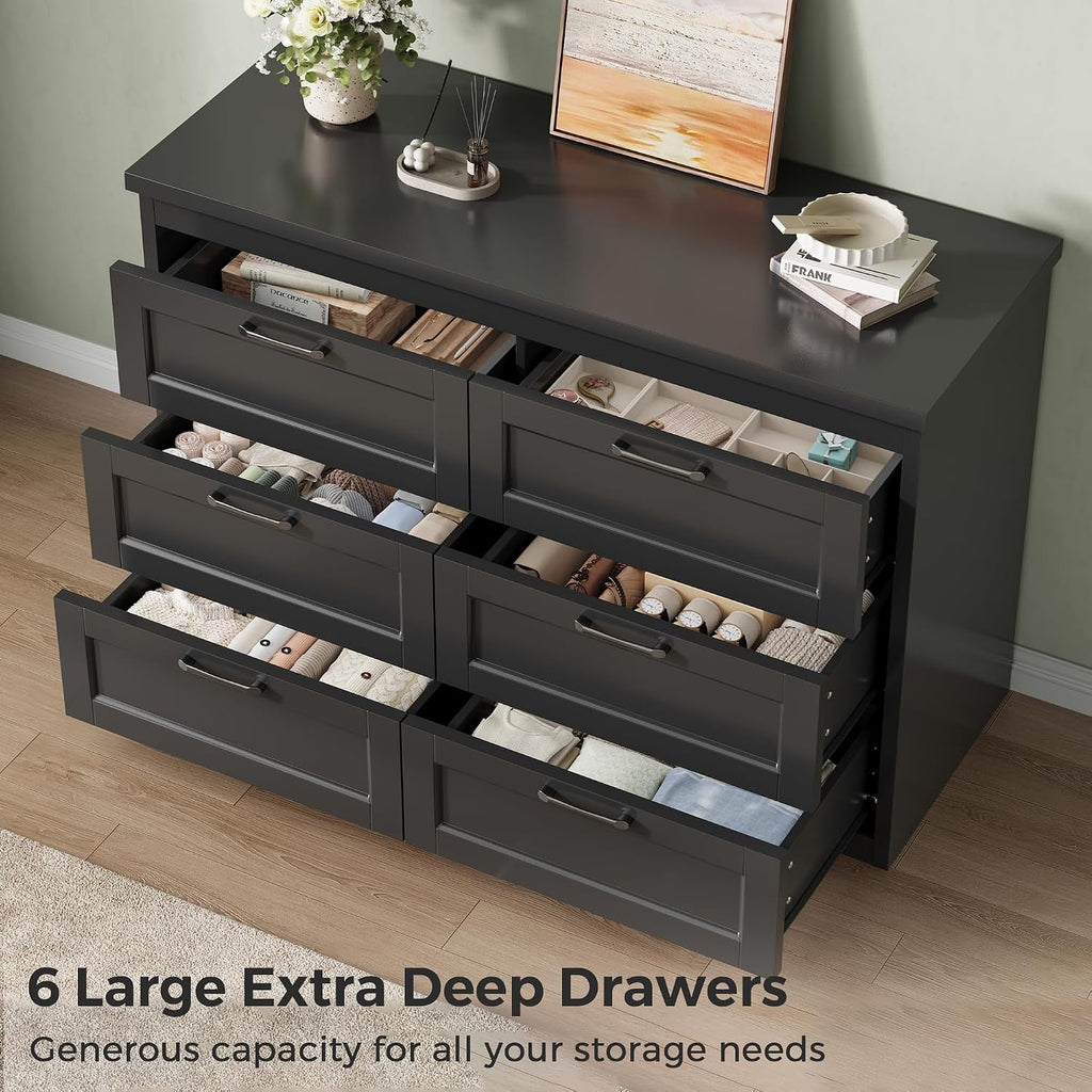 Black 6 Drawer Dresser , 47.2" Modern Chest of Drawers | Wooden Storage Dresser with Mental Handle, Large Double