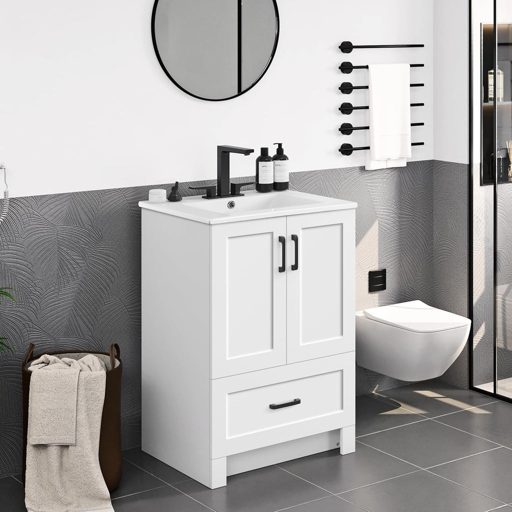 24.5" Modern Bathroom Vanity with Ceramic Basin, Undermount Vanity Sink Cabinet with 2 Doors and 1 Drawer, Free Standing Bathroom Storage Cabinet with Sink Combo Set, White A133-B0DJ2821DS