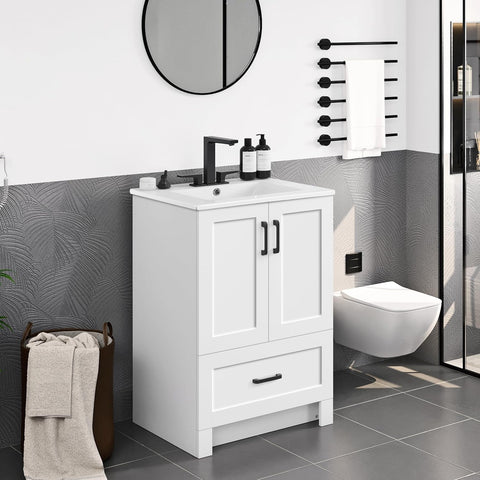 24.5" Modern Bathroom Vanity with Ceramic Basin, Undermount Vanity Sink Cabinet with 2 Doors and 1 Drawer, Free Standing Bathroom Storage Cabinet with Sink Combo Set, White A133-B0DJ2821DS