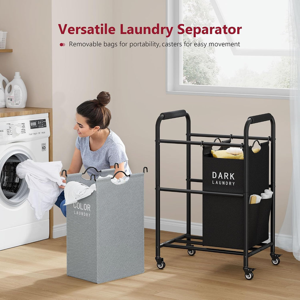 2 Bag Laundry Sorter Cart, Black & Grey | 50lbs Large Capacity, Removable Laundry Bags, Heavy Duty Lockable Rolling