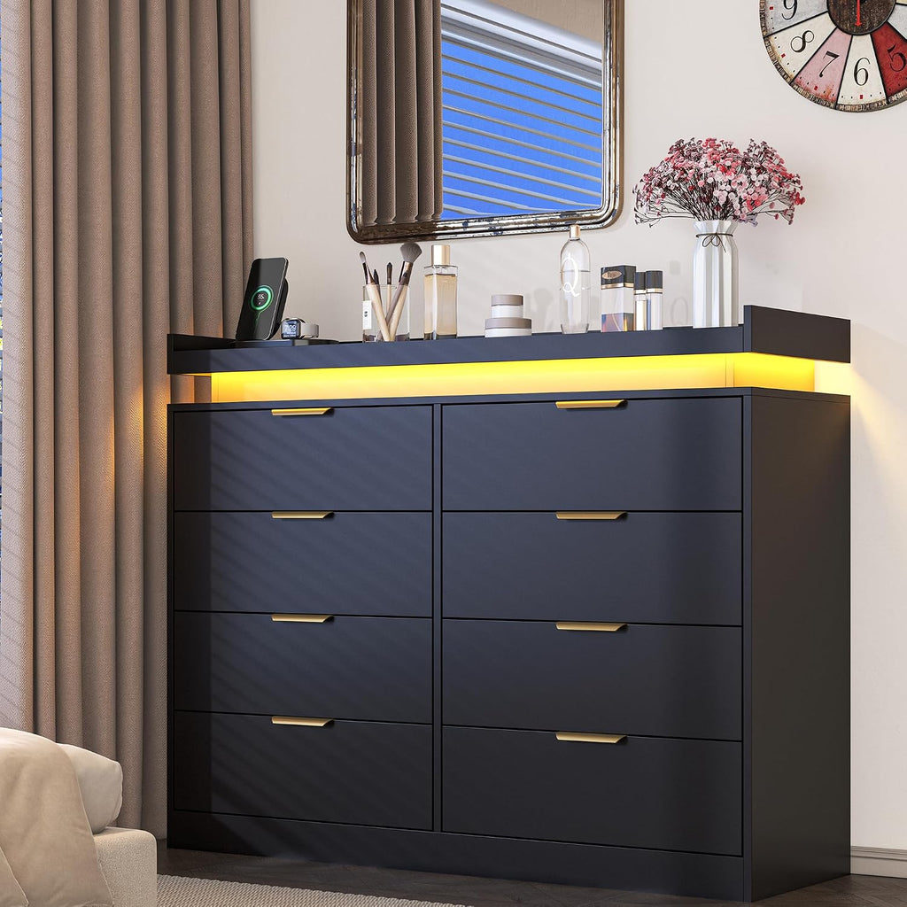 8 Drawer Dressers , Black Dresser with LED Lights and Power Outlet, Wood LED Dresser, Double Wide Modern Chest of