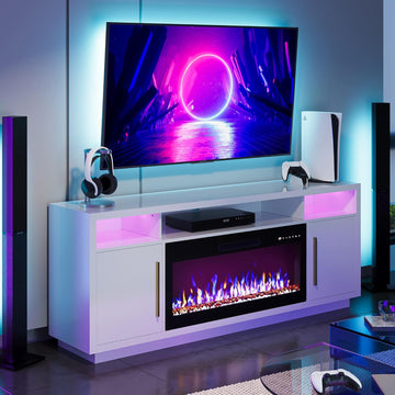 70" Fireplace TV Stand for TVs Up to 80", LED Light Entertainment Center with 36" Electric Fireplace Heater, Storage Cabinet, Media Console Table for Living Room - Avenue (White)
