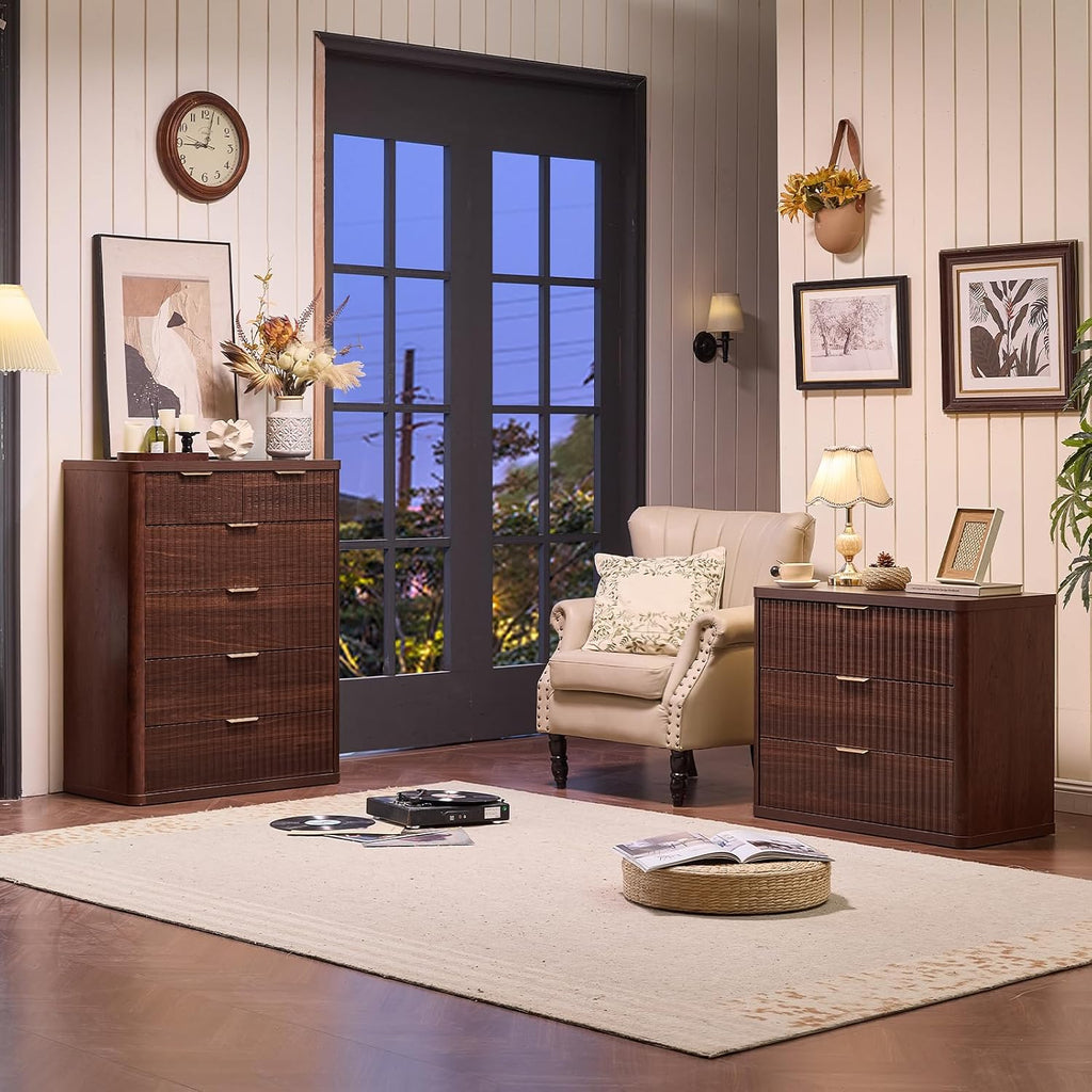 31" Wide Fluted Nightstand, Oversized Extra Large 3 Drawers Night Stand, Walnut Wood Bedside Table,Tall Bed Side End