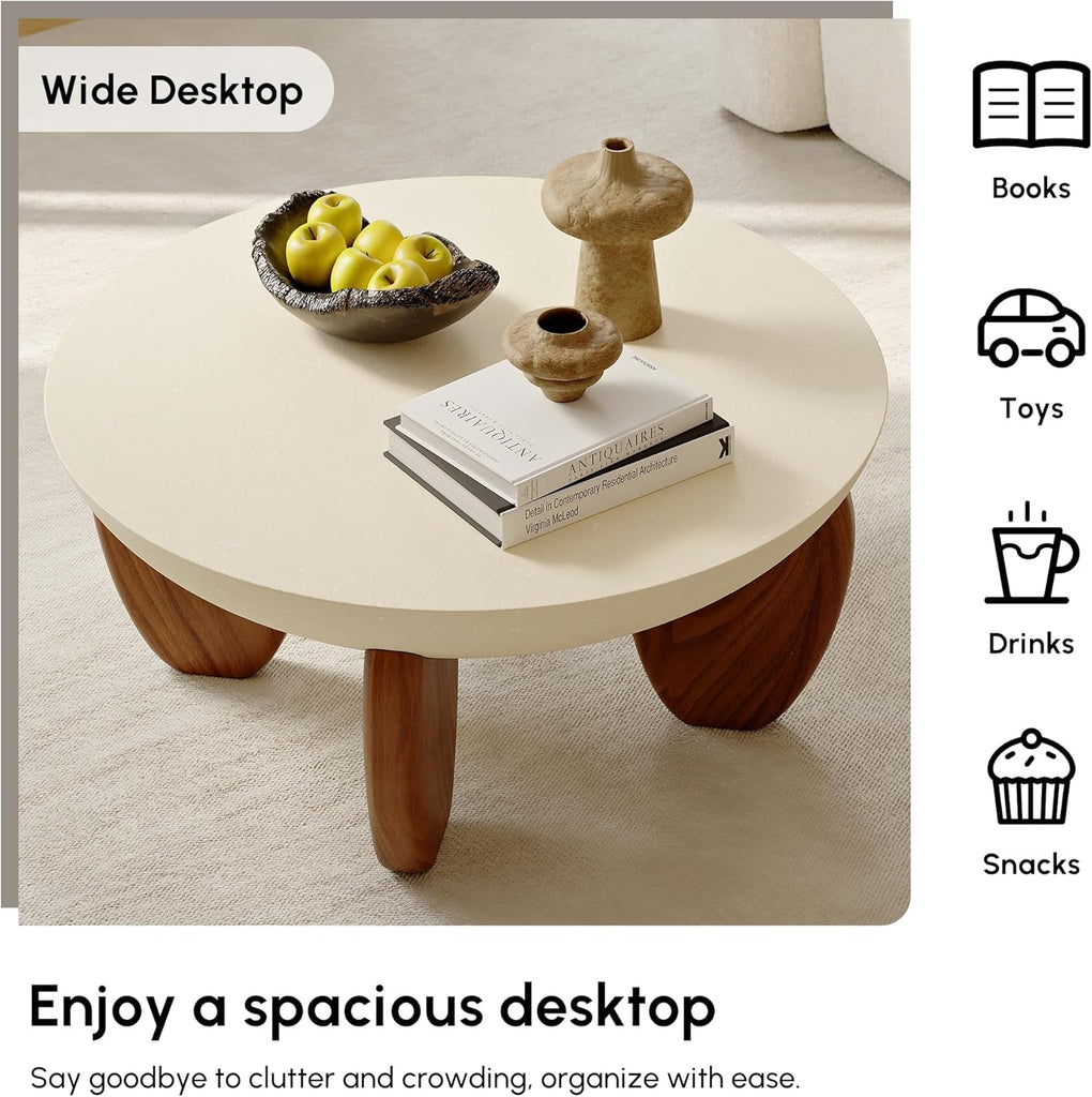 Round Concrete Coffee Table with Premium Walnut Ash Wood Legs, Modern Minimalist Cement Finish Center Table