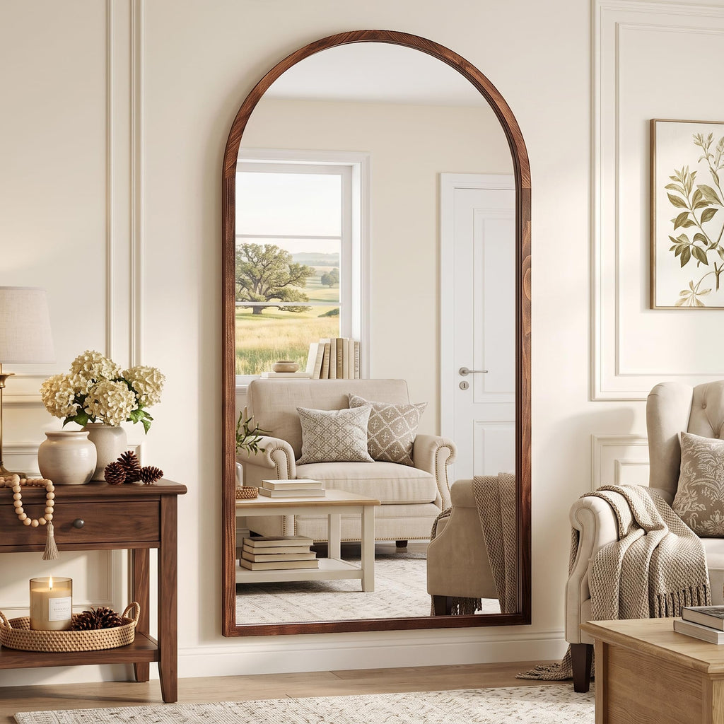 76"x41" Arched Full Length Mirror with Slim Solid Wood Frame, Walnut