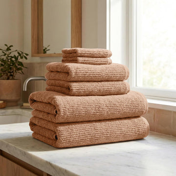 Turkish Cotton 6 Piece Towel Set - Absorbent, Quick-Drying, Ribbed Bath Towels - Zero-Twist Fibers (Adobe)