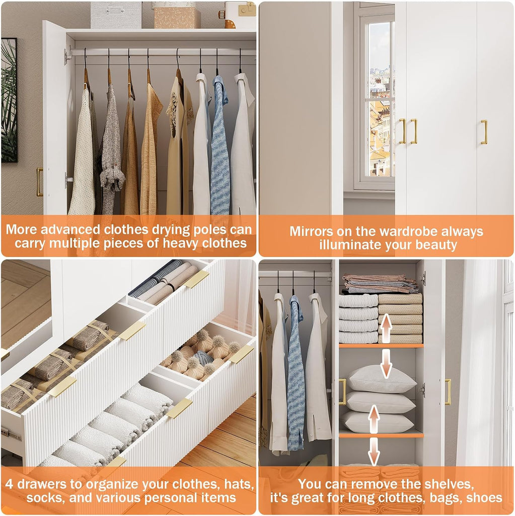 Armoire Wardrobe Closet with 3 Door, Mirror, LED Lights | Hanging Rod, Drawers, Bedroom Armoires - Large Capacity