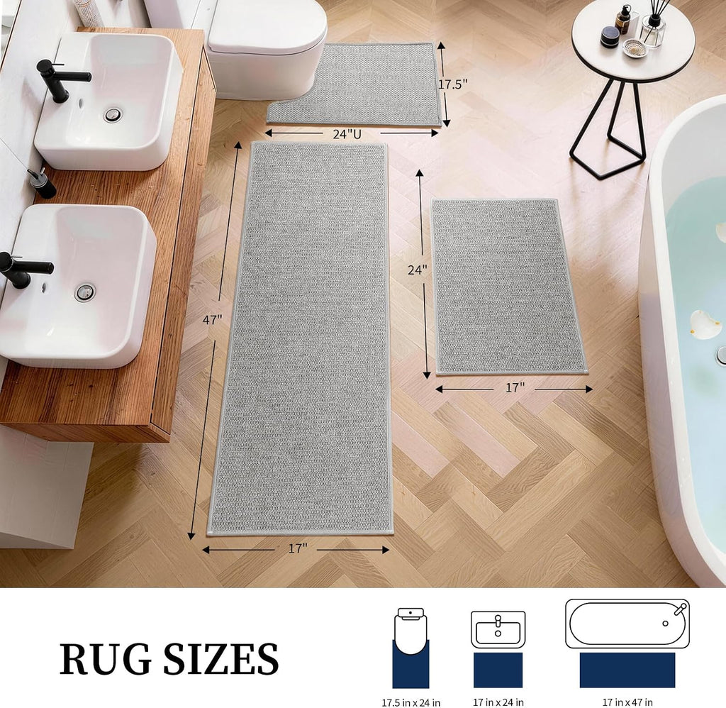 Gray Bathroom Rugs Sets 3 Piece, Quick Dry Thin Bath Mat with Toilet Rug, Non Slip Absorbent Machine Washable, Bath