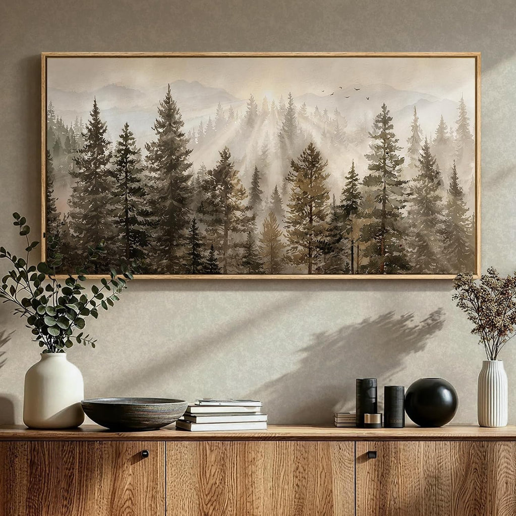 Extra Large Framed Forest Landscape Wall Art, Misty Pine Tree Mountain Nature Woodland Sunset Artwork for Walls
