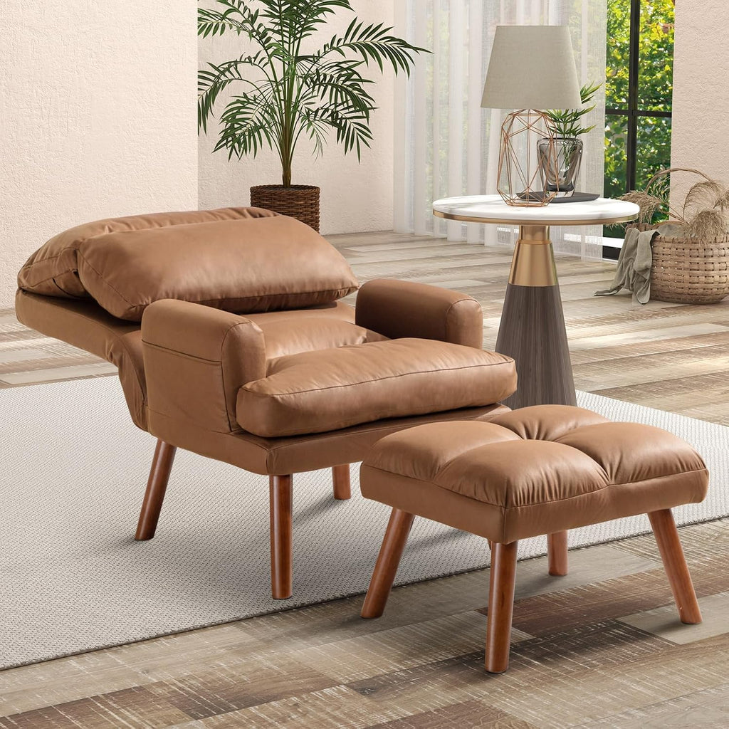 Modern Accent Chair with Ottoman, Soft Fabric Armchair with Adjustable Backrest and Side Pockets, Comfy Lounge Chair