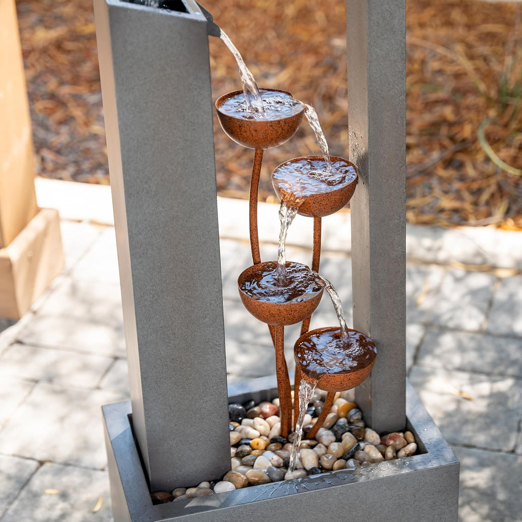 38" Tall Gray and Bronze Metal Sculptural Flower Multi-Tier Freestanding Water Fountain for Indoor & Outdoor Use