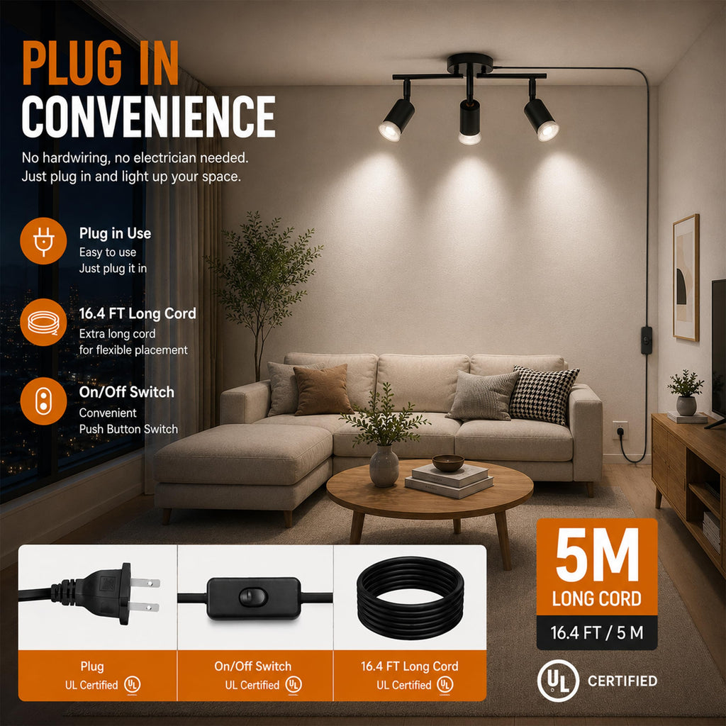 Plug in Track Lighting,Plug in Ceiling Light Fixture,Balck 3 Light Track Light with 16.4' Long Cord,3 Way Ceiling