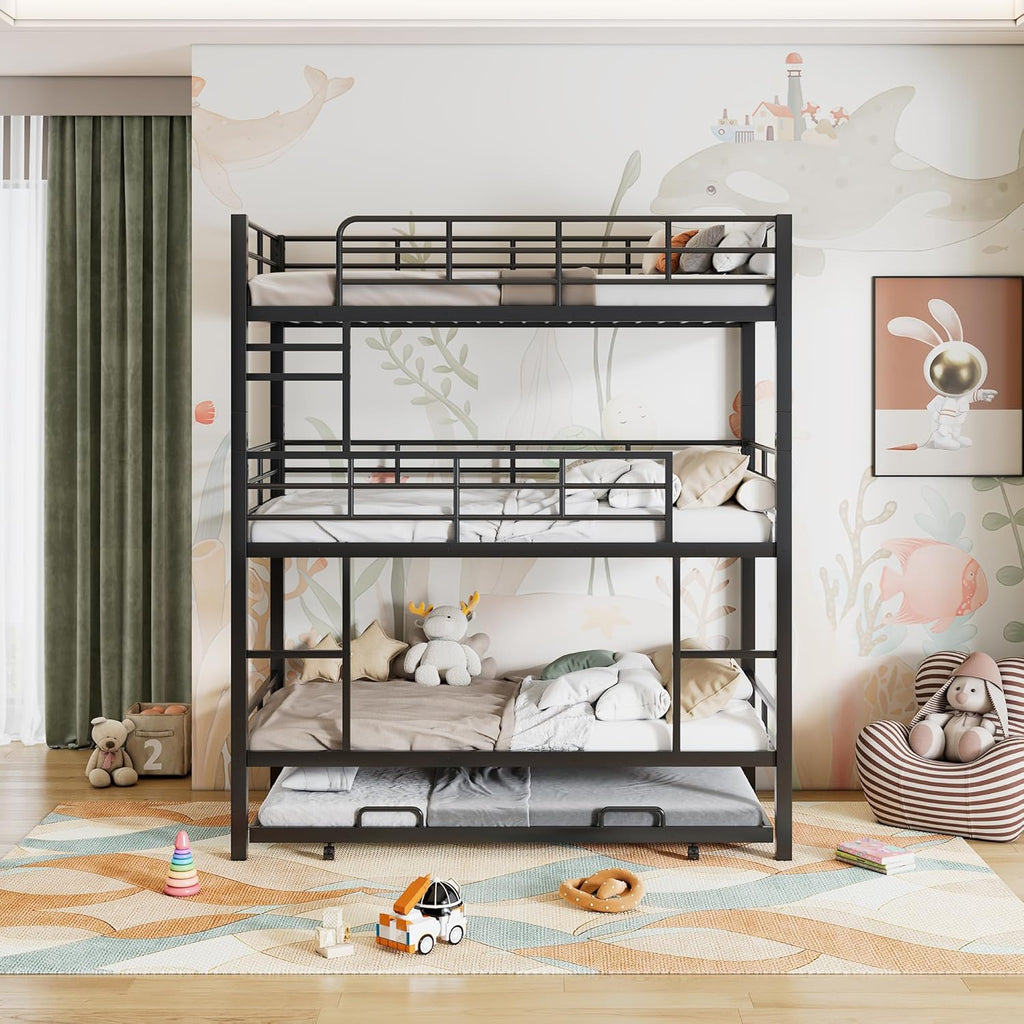 Triple Bunk Bed with Trundle Guardrail & Ladder Twin Metal, No Box Spring Needed, Easy Assemble