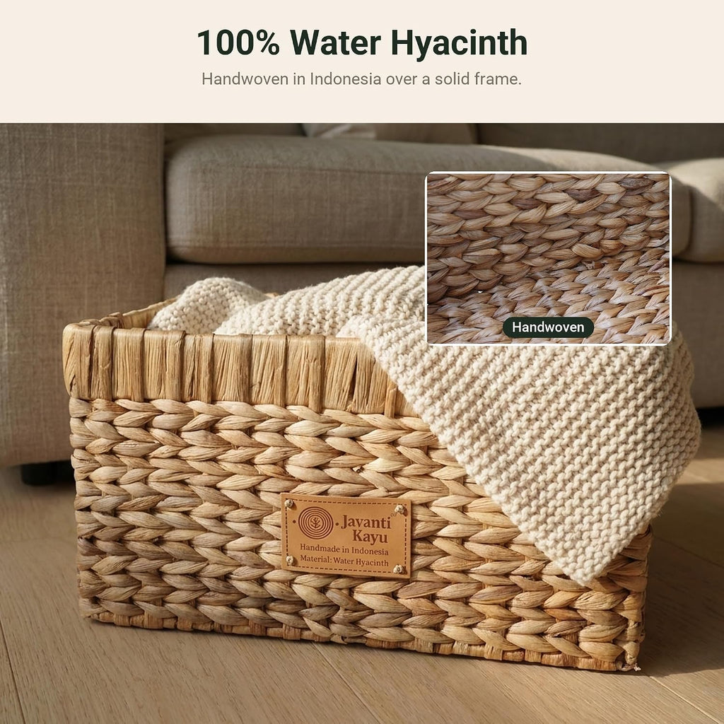 Handmade Water Hyacinth Wicker Storage Basket with Handles - Rectangle Organizer Bin for Shelves, Blanket, Bathroom