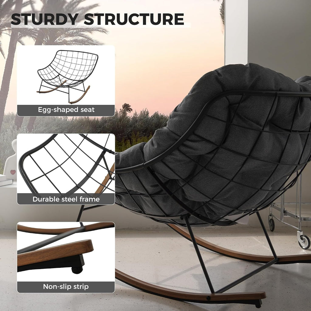 Outdoor Papasan Rocking Chair with Thick Cushion, Grey | Oversized Modern Cozy Lounge Rocker Chair Steel Frame with