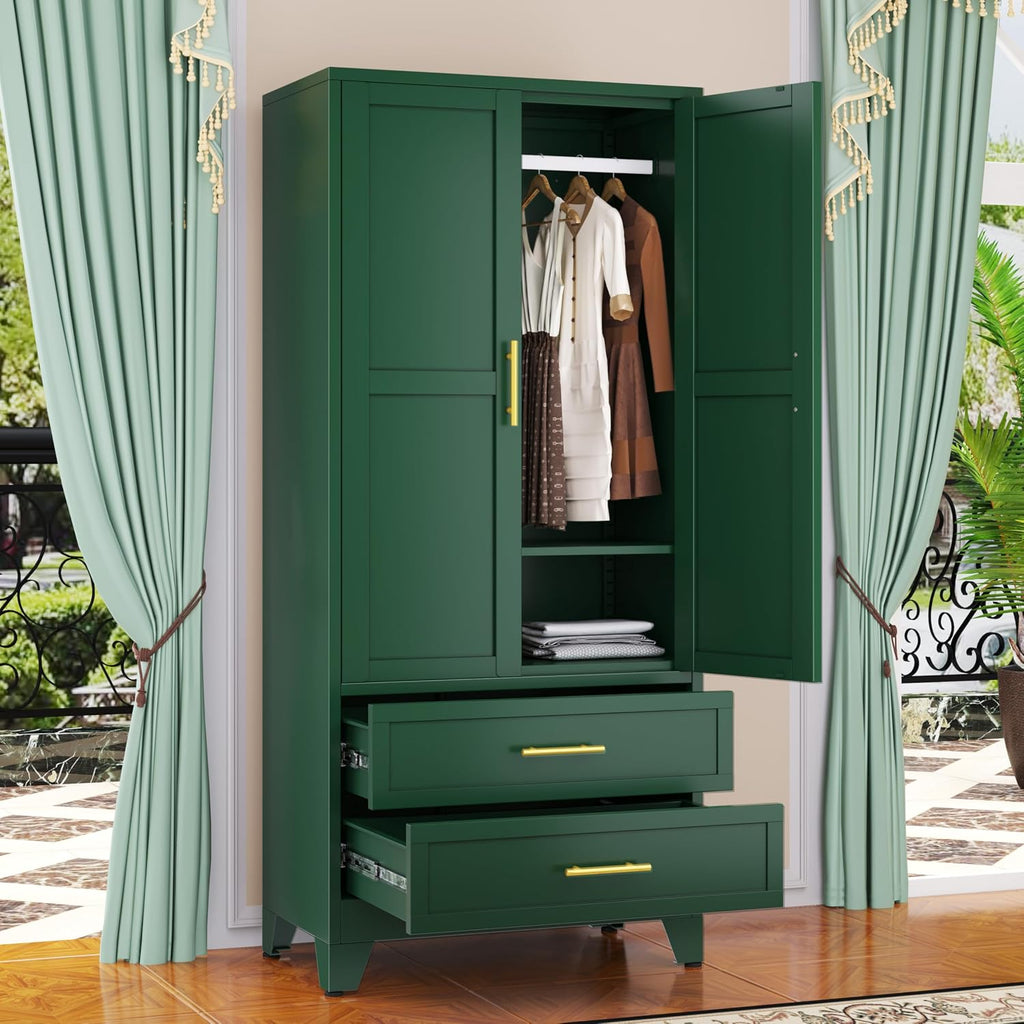 71" Wardrobe Cabinet with 2 Doors, 1 Adjustable Shelf and 2 Drawers | Metal Clothing Storage Cabinets with Hanging
