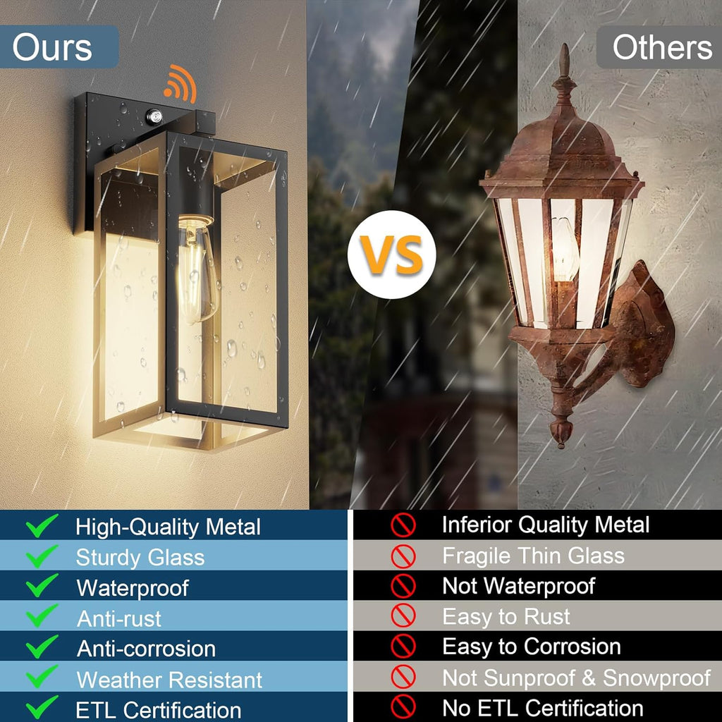 Dusk to Dawn Outdoor Wall Sconce, Black Waterproof Porch Light Fixture with E26 Socket & Glass Shade, Modern Exterior Lantern for Patio Entryway (2 Pack)
