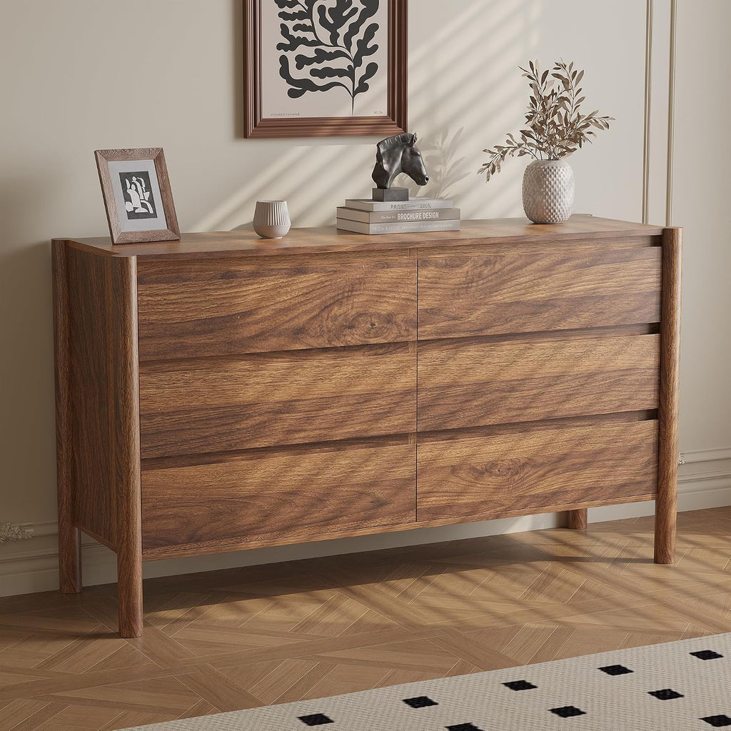 Walnut 6 Drawers Dresser , 47.2" Wide Mid Century Modern Chest of Drawers with 4 Solid Wood Cylindrical Legs and