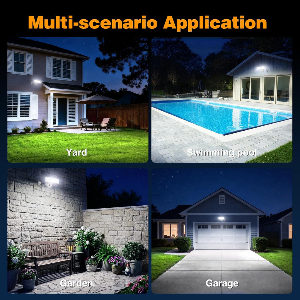 32W 3200LM Dusk to Dawn Outdoor Lighting,6500K Dual Heads Plug in Flood Light,White Outdoor Lighting,IP66 Waterproof