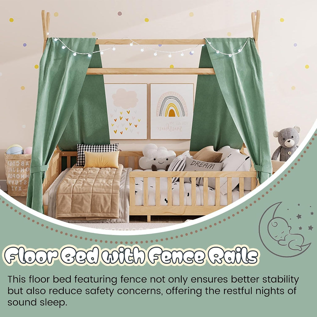 Montessori Bed Full Size with Light and Slats, Wood Teepee Floor Bed for Kids Boys Girls,House Bed Frame with Rails &