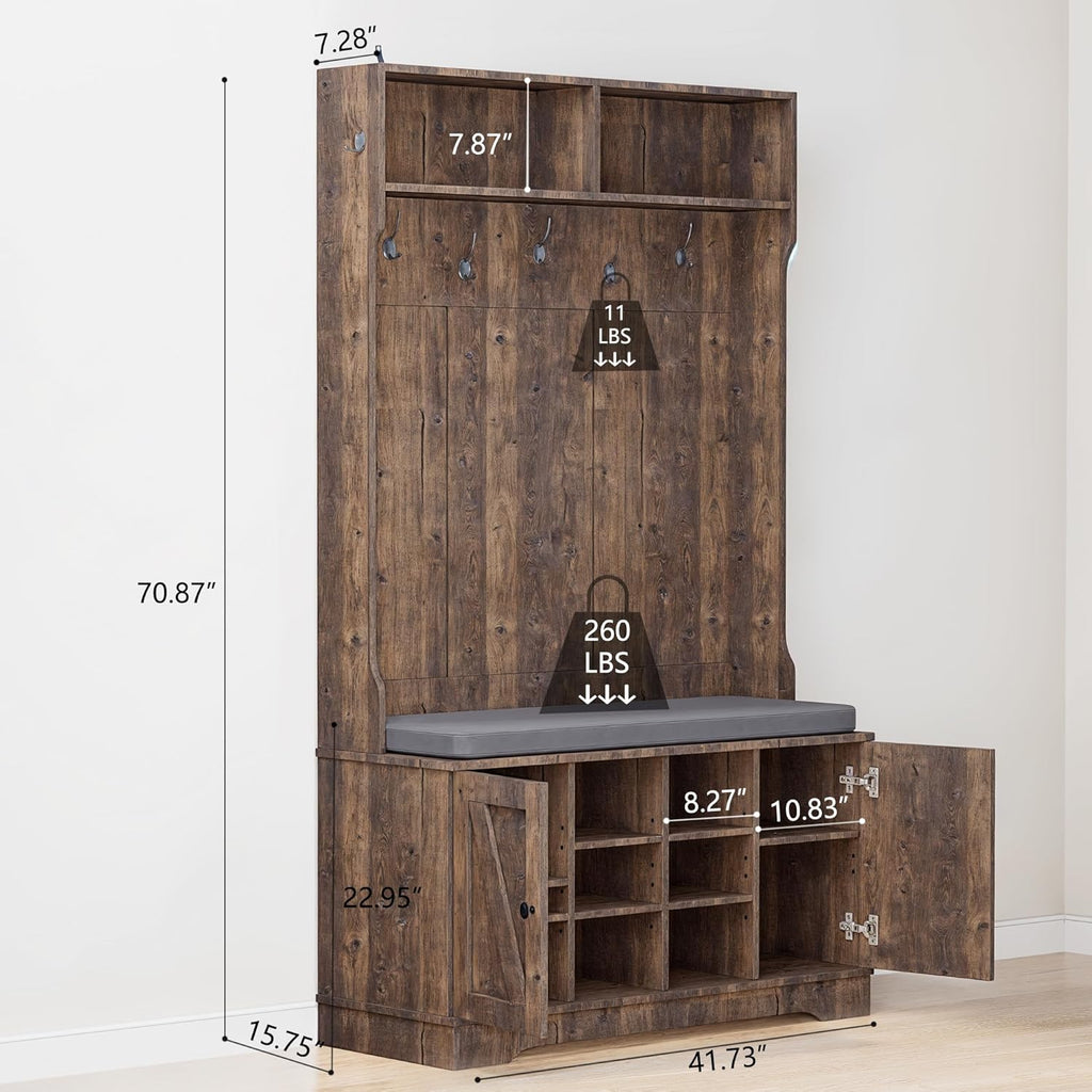 71" Hall Tree with Bench and Shoe Storage, Entryway Hall Tree with 2 Doors and 6 Adjustable Shelves, Cushioned
