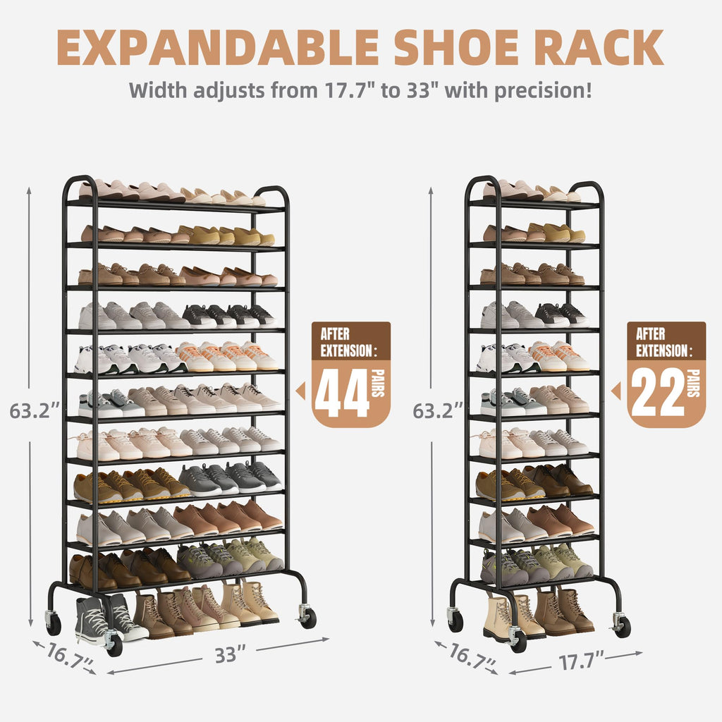 10-Tier Expandable Shoe Rack, 44 Pairs Tall Shoe Rack, Black